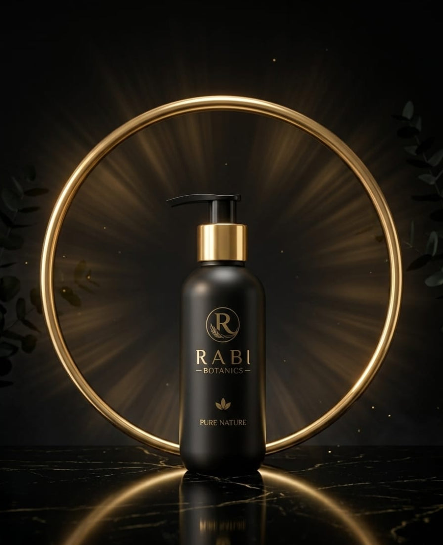 A black pump bottle with a gold collar and gold lettering reading 'RABI BOTANICS' and 'PURE NATURE' stands centered in front of a glowing gold ring on a dark reflective surface.